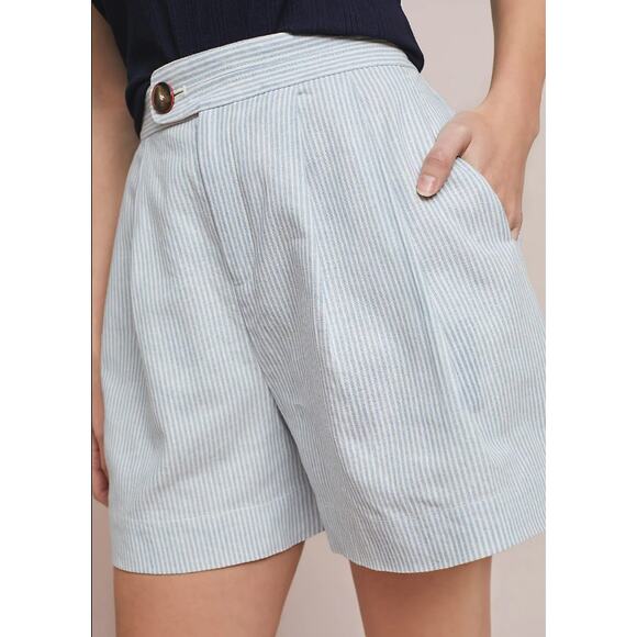Anthropologie Seersucker Shorts Pinstripes Pleated High Waisted Blue White XL - Picture 1 of 10